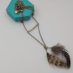 J. Crew Gold and Brown Feather Pendant Necklace